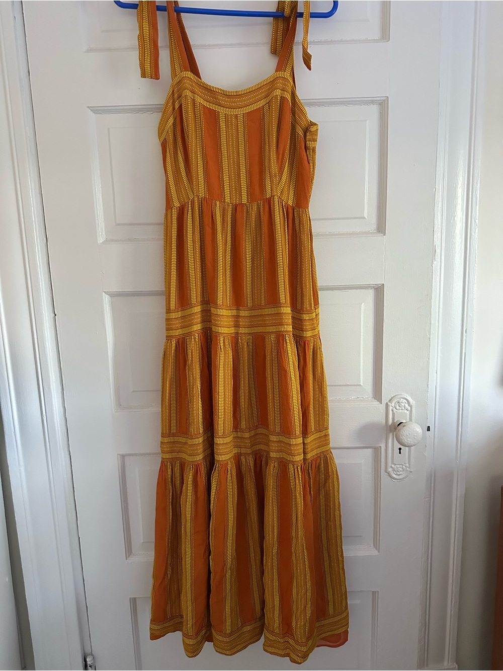 Striped Yellow-Orange Tie-Shoulder Tiered Maxi Dress